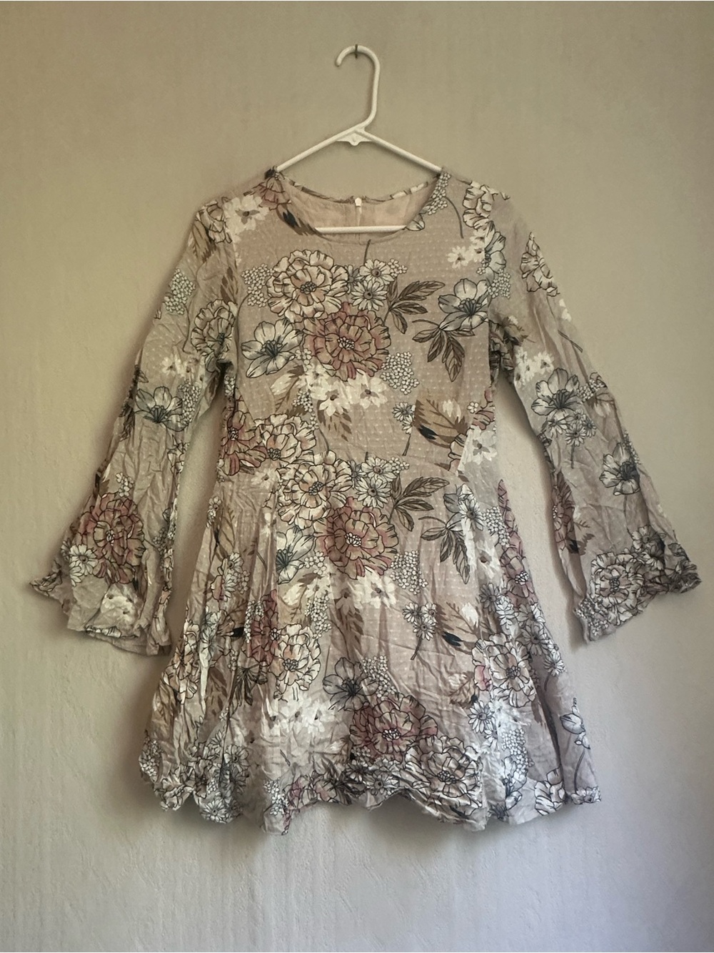 Womens Floral Lace Hem Bell Long Sleeve Dress - Beige Pink Sz S